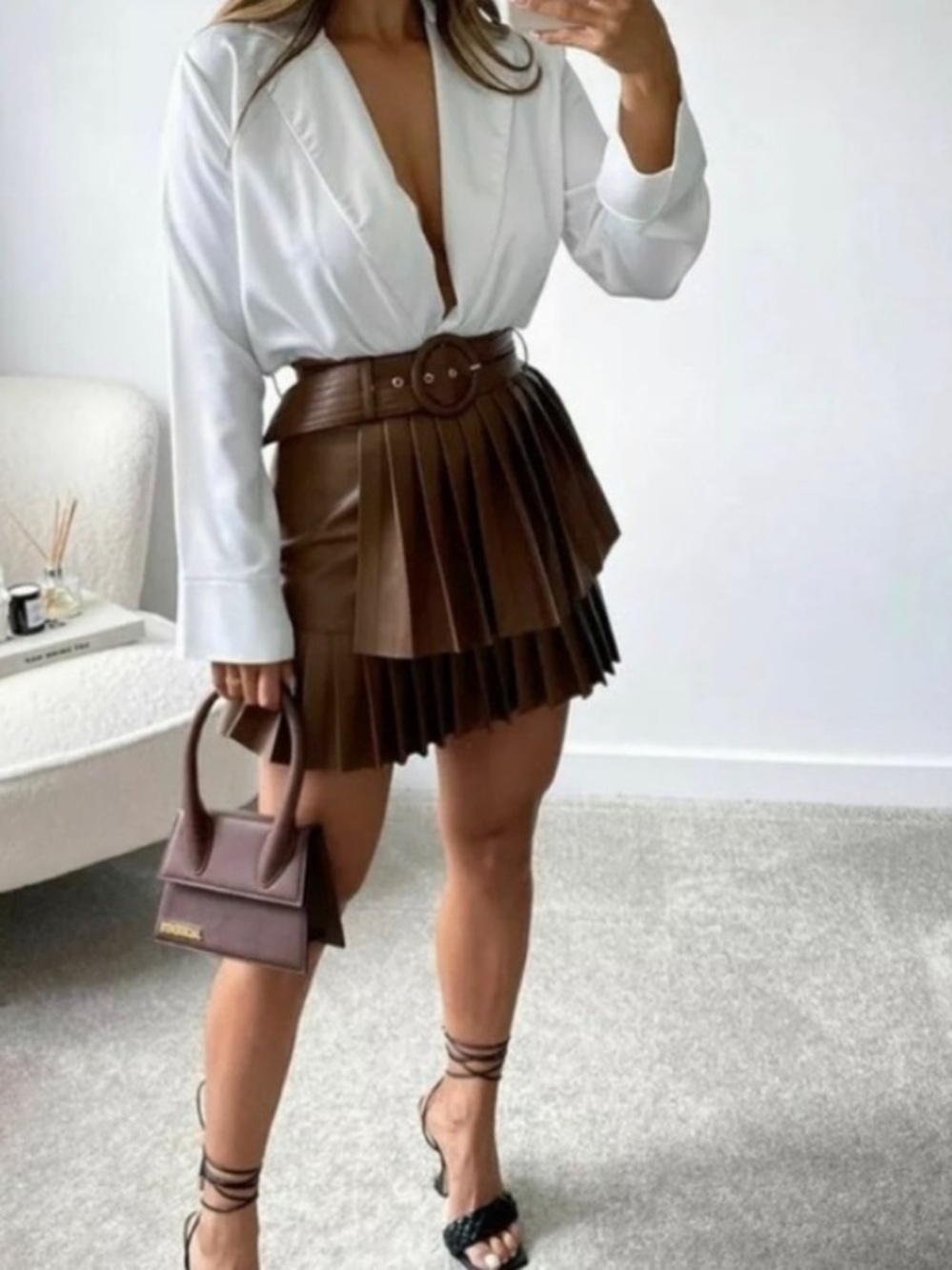 Zara Brown Pleated Faux-Leather Mini Skirt with Round Belt - Picture 4 of 13